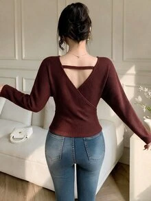 Celisse Solid Batwing Sleeve Wrap Tee - Brown - View 2