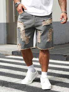 Manfinity Homme Men Plus Ripped Frayed Raw Hem Denim Shorts - Light Wash - View 3