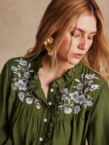 Écloséra Curve Plus Floral Embroidery Frill Trim Flounce Sleeve Blouse - Green - View 9