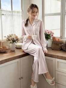Snug Reverie Striped Cardigan Collar Lace Trim Women's Long Sleeve Pajama Set - Baby Pink - View 7