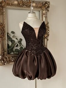Lovelzi Elegant Glamorous Coffee Color Sequin Embroidered Patchwork Shiny Silk Strapless Deep V-Neck Bud Skirt Prom Dress - Coffee Brown - View 5