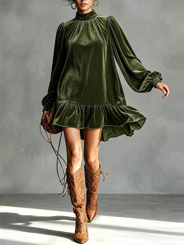 SHEIN Mock Neck Lantern Sleeve Ruffle Hem Velvet Dress