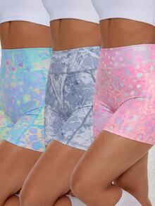 SHEIN Sports 3pcs Leopard And Forest Print Wide Waistband Sports Shorts - Multicolor - View 1