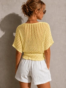 Balvessa Batwing Sleeve Wrap Knot Side Lightweight Cardigan Vacation Pale Yellow Summer Tropical European - Yellow - View 2