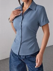 SHEIN PETITE 女士襯衫 - 霧霾藍 - 查看 5