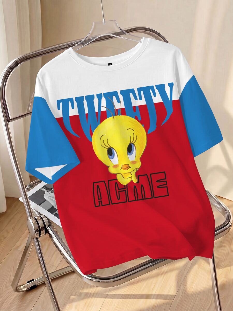LOONEY TUNES X SHEIN 大尺碼卡通與字母圖案印花T恤 - 白色 - 查看 1