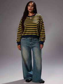 Rustia Plus Striped Print Drop Shoulder Sweatshirt Fall - Black - View 5
