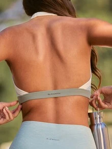 GLOWMODE FeatherFit™-CloudBlend Light & Lifted Two-Tone Open Back Halter Bra With Removable Cups Low Impact Barre Ballet Pilates Daily Casual - Mist Green - View 6