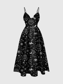 ROMWE Goth 日與月印花細肩帶洋裝 - 黑色 - 查看 2