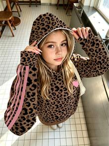 Sudadera con estampado de leopardo y patrón de corazón para niña preadolescente - Multicolor - Ver 3