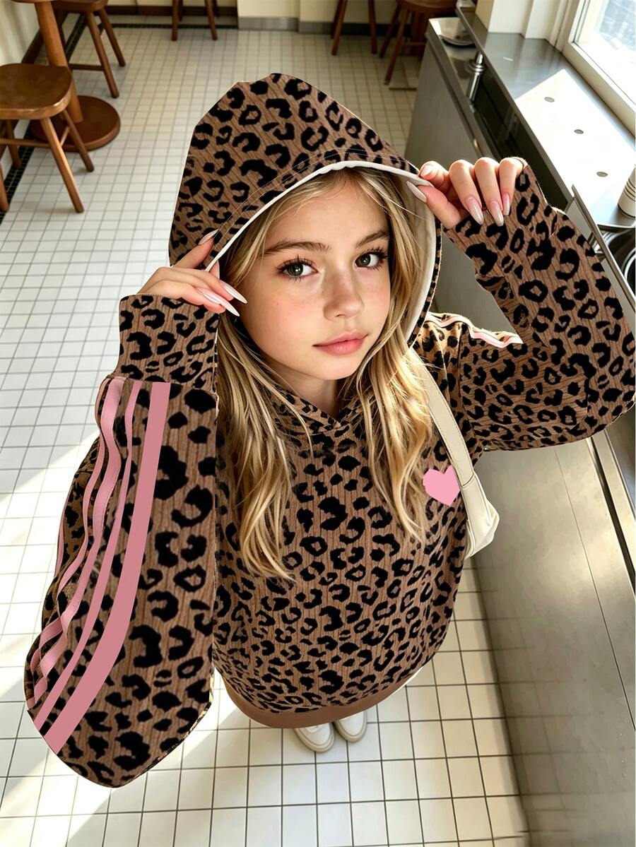 Tween Girl Heart Pattern Leopard Print Sweatshirt - Multicolor - View 1
