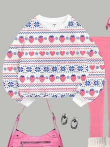 青少年女孩愛心與花卉印花落肩衛衣與內搭褲套裝 - 彩色 - 查看 5