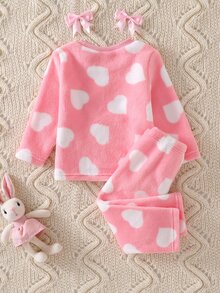 Baby Girl Allover Heart Pattern Soft Comfort Fuzzy Top & Pants Pajamas Set - Baby Pink - View 2