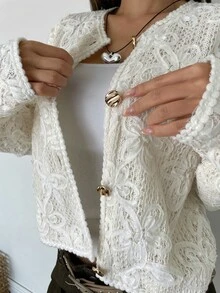 K-Vae Women's Elegant Solid Color Lace Jacket - Apricot - View 4