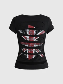 ROMWE Grunge Punk Women's Letter Print Casual Versatile Daily Short Sleeve T-Shirt - Black - View 2