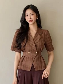 DAZY Women's Elegant Commute Striped Petal Sleeve Blouse - Coffee Brown - View 7