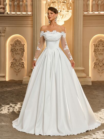 Glamrae Off Shoulder Appliques Mesh Sleeve Wedding Dress