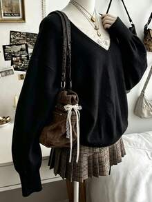 Lalippa Solid Drop Shoulder Oversize Sweater - Black - View 5