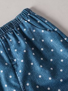 SHEIN 女童口袋抓絨內裡長款藍色長褲，秋冬款，長袖，寬鬆版型，彈性，度假穿搭 - 藍色 - 查看 3