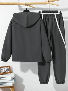 SHEIN 青少年男孩對比色膠帶拉鍊連帽外套與長褲套裝 - 灰色 - 查看 6