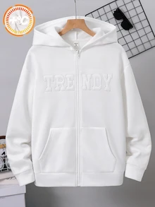 SHEIN 青少年男孩休閒極簡刺繡字母圖案抓絨拉鍊連帽衛衣 - 白色 - 查看 4