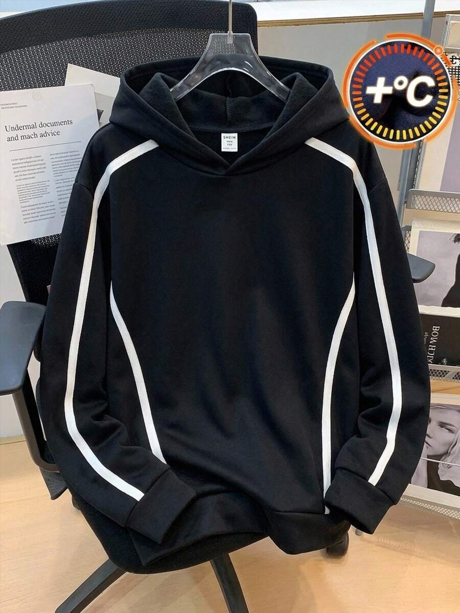 SHEIN 青少年男孩休閒拼接色黑色連帽梭織秋季衛衣,適合返校或外出穿著 - 黑色 - 查看 1