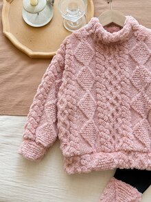 SHEIN 女童純色紋理針織泰迪衛衣與內搭褲套裝 - 粉色 - 查看 5