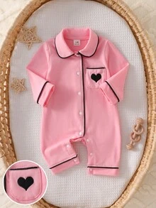 SHEIN Newborn Baby Embroidery Heart Pattern Contrast Piping Pajama Jumpsuit - Pink - View 4