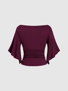 Sweetra Solid Boat Neck Flutter Sleeve Ruched Slim Waist Tee - Red Violet - View 2