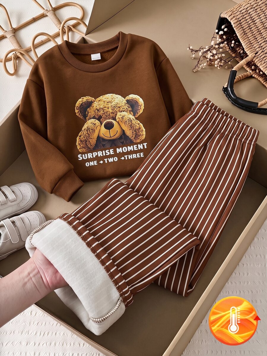 SHEIN 女童連帽衛衣套裝 幼兒生日 棕色 秋季 - 棕色 - 查看 1