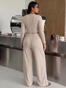 Muchica Plus Size Round Neck Long Sleeve Minimalist T-Shirt And Drawstring Waist Long Pants 2 Pieces Set Fall - Khaki - View 2