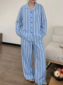 Dazy Plus 條紋拼接配色寬鬆短袖上衣與長褲家居服套裝，粉紅色，春夏秋季，大尺碼女款睡衣套裝 - 藍色 - 查看 1
