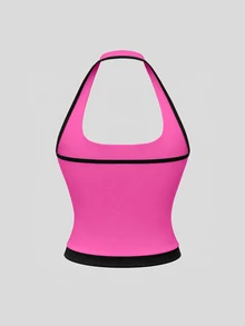 SHEIN Sweetro Colorblock Patchwork Backless Halter Neck Sports Tank Top - Hot Pink - View 6