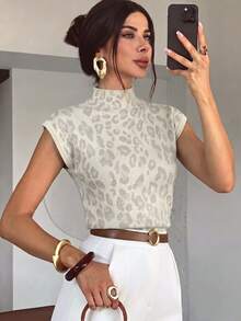 Firerie Top de punto con manga corta y estampado de leopardo - Blanco - Ver 5