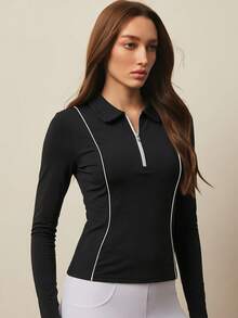 Easithlete Contrast Piping Zipper Front Tee - Multicolor - View 6