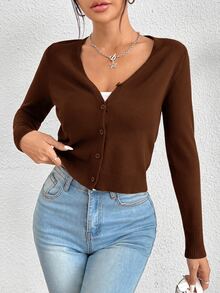 SHEIN PETITE Women Lightweight Cardigans - Chocolate Brown - View 6