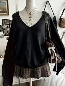 Lalippa Solid Drop Shoulder Oversize Sweater - Black - View 4