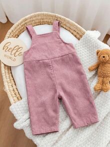 SHEIN 女嬰卡通刺繡荷葉邊燈芯絨吊帶連身褲（不含T恤） - 粉色 - 查看 2