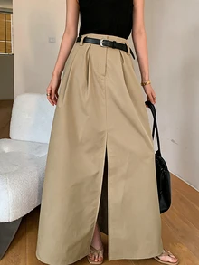 Struktiv Solid Fold Pleated Split Thigh Front Skirt With Belt Brunch Work Khaki Autumn Elegant - Khaki - View 4