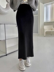 Dazy Tall Solid Mermaid Hem Knit Skirt Fall - Black - View 4