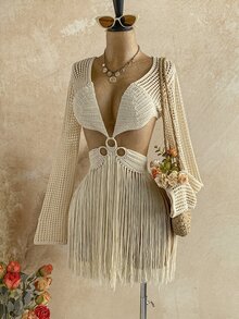 Soleia Women's Hollow Out Sexy Tassel Hem Long Sleeve Sweater Dress - Apricot - View 5