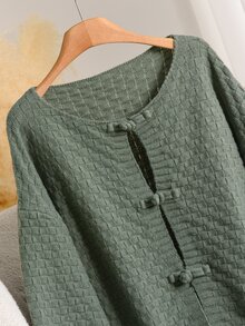 Elaquor Plus Size Autumn Casual Solid Color Frog Button Cardigan - Green - View 3