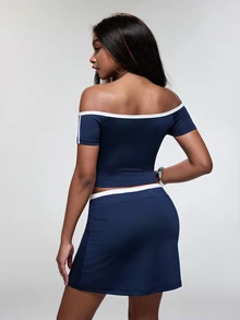 THE POWERPUFF GIRLS X SHEIN Women's Letter Cartoon Print Top And Skirt Fashion 2 Pieces Set - Navy Blue - View 2