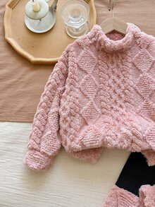 SHEIN 女童純色紋理針織泰迪衛衣與內搭褲套裝 - 粉色 - 查看 3