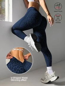 Slayform Slayform Leopard Print Wideband Waist Sports Leggings - Navy Blue - View 1