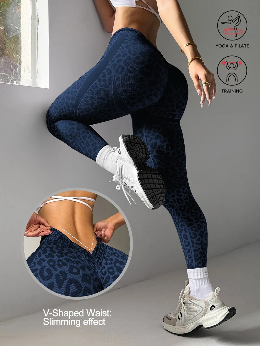 Slayform Slayform Leopard Print Wideband Waist Sports Leggings - Navy Blue - View 1