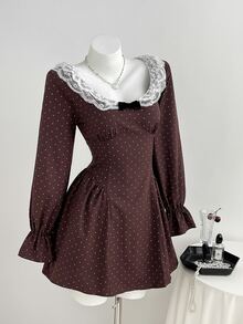 Elamini Polka Dot Print Contrast Lace Flounce Sleeve Bow Front Dress - Coffee - View 3