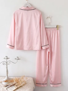 SHEIN 女童愛心印花對比滾邊緞面睡衣套裝 - 彩色 - 查看 2