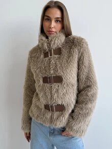Aloruh 秋冬款女款小立領修身長袖人造毛大衣，鈕扣開襟，杏色 - 駝色 - 查看 9