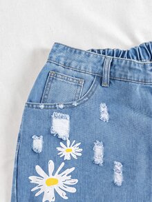 SHEIN Jeans rasgados con estampado floral & leopardo y borde crudo talla grande - Azul - Ver 5